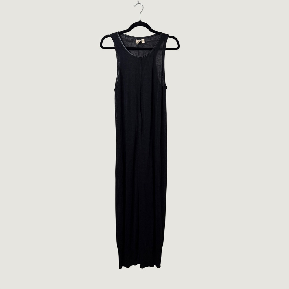 Fisher Project Eileen Fisher Black Linen Blend Leather Trim Maxi Dress Sheer S
